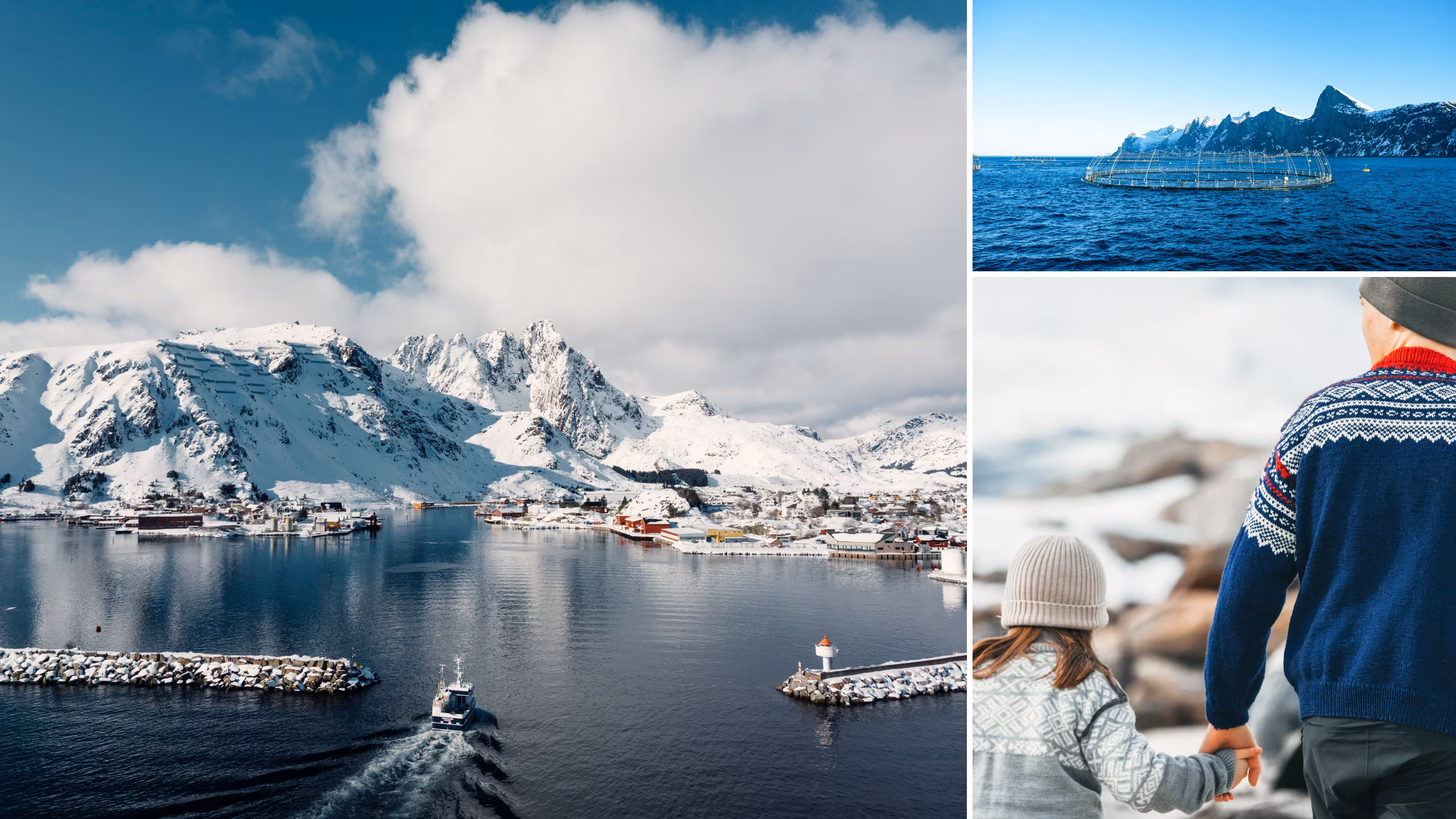 Collage header image with three photos, one of Lofoten scenery, on of an aquaculture cage at sea, one of a man and a child holding hands.