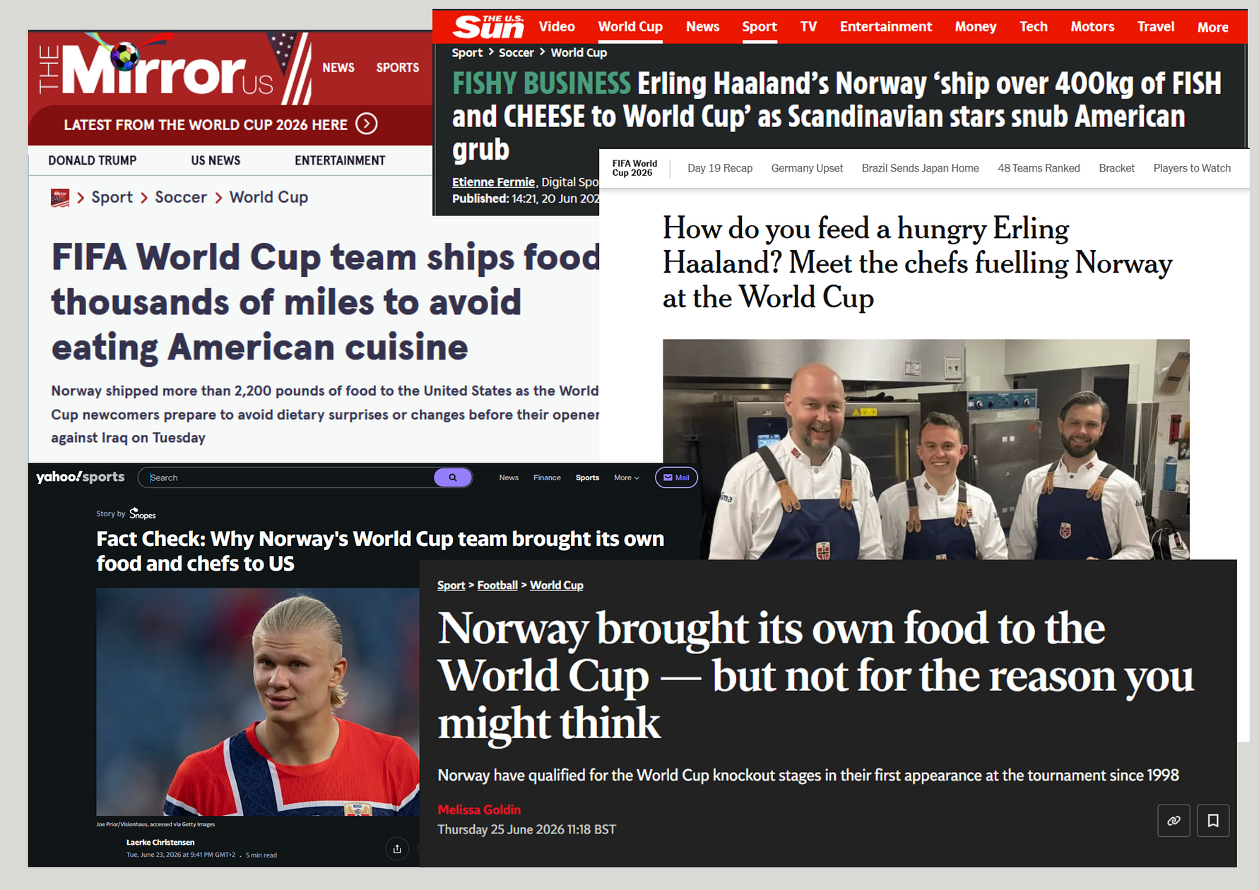Faksimile: The Mirror US, The Sun US, Yahoo sports, New York Times og The Independent