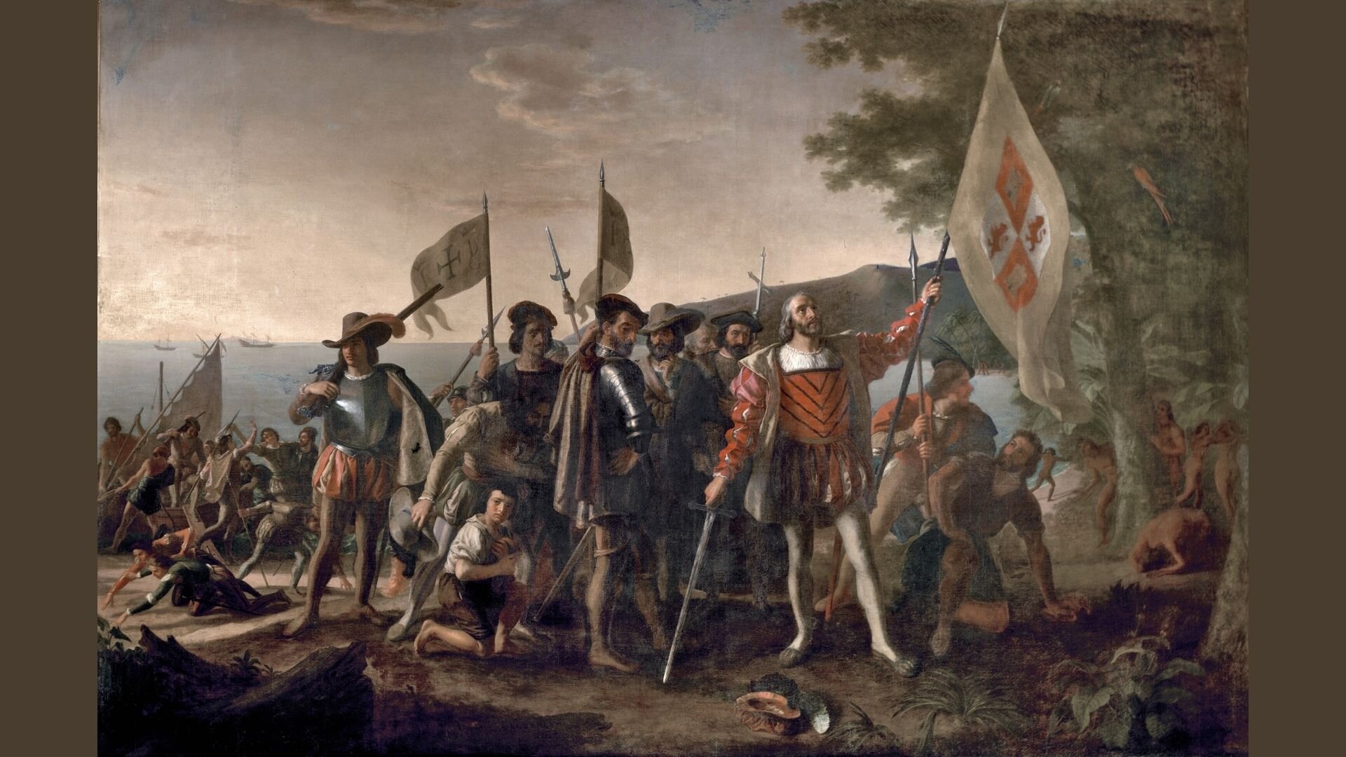 Bild av maleri: Colombus og hans mannskap går i land på Hispaniola i 1492