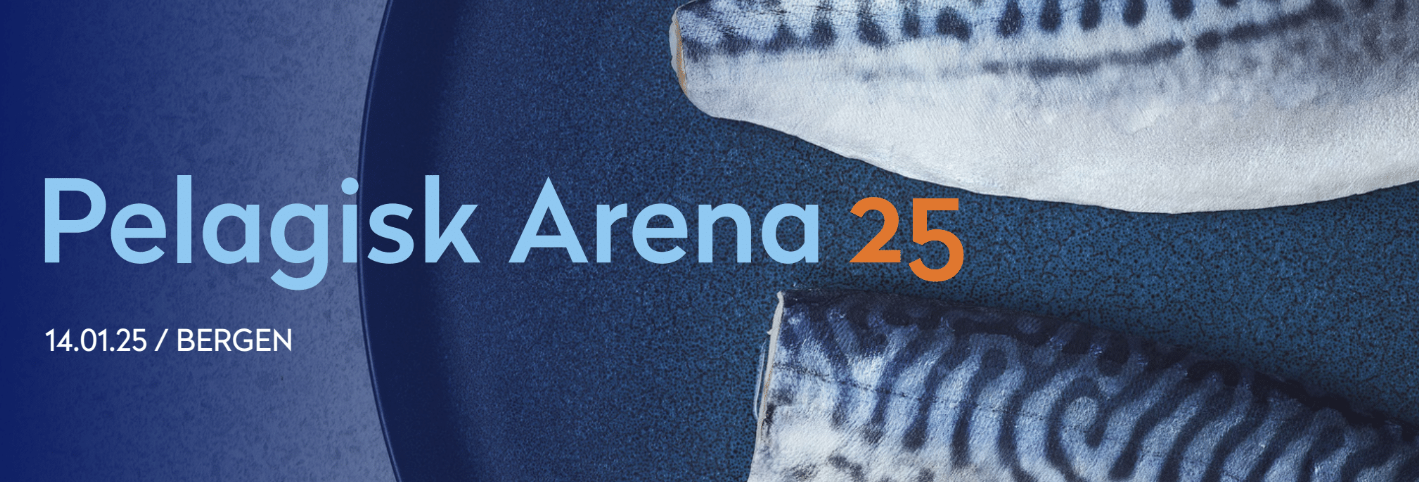 Makrell på fat med teksten Pelagisk Arena 25, 14.01.25 Bergen