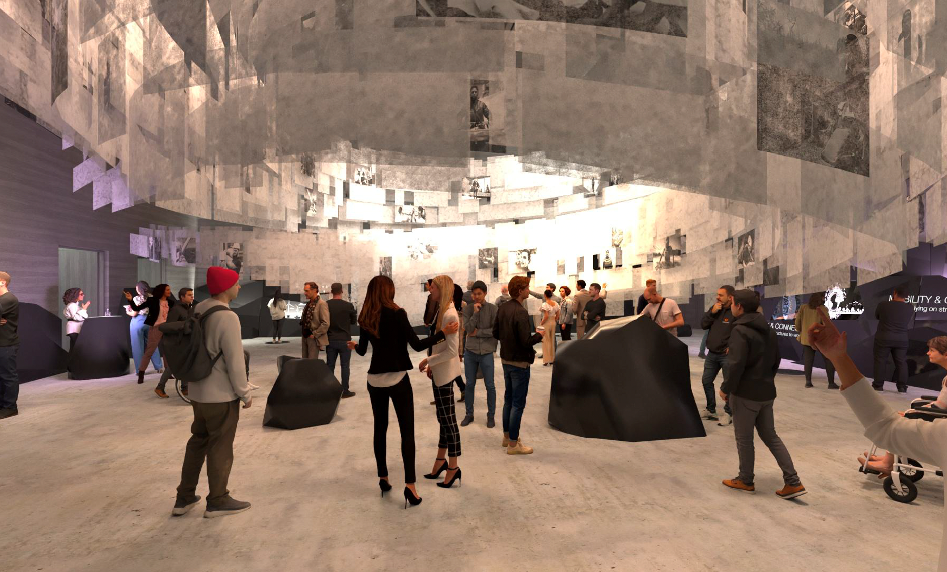 Rom med mye bilder på veggene og folk som mingler