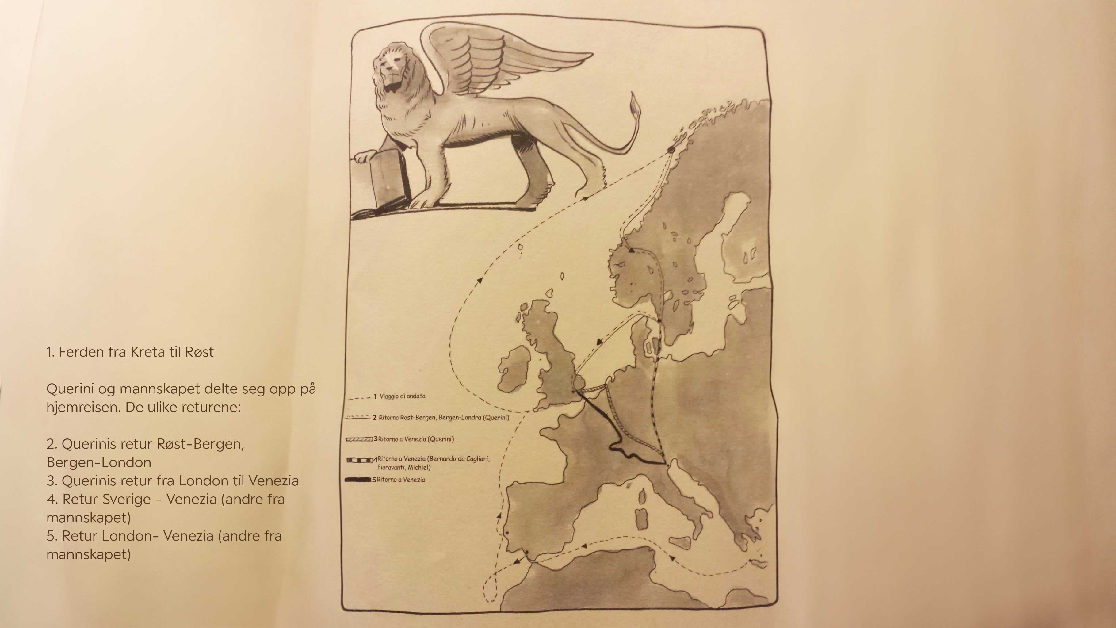 Tegning av kart av Querinis reise fra Kreta til Røst og til Venezia